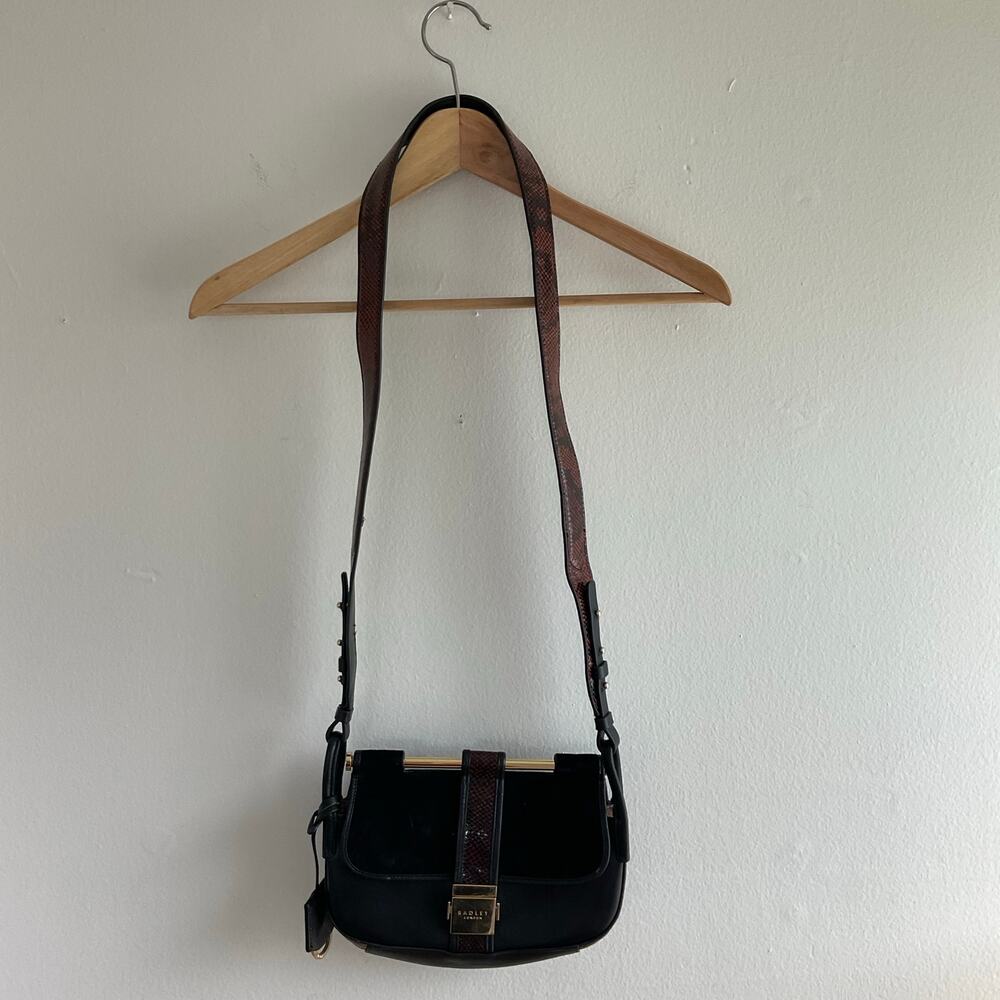 Radley London Remastered Grosvenor Black Leather Suede Snake Print Shoulder Bag - Picture 3 of 9